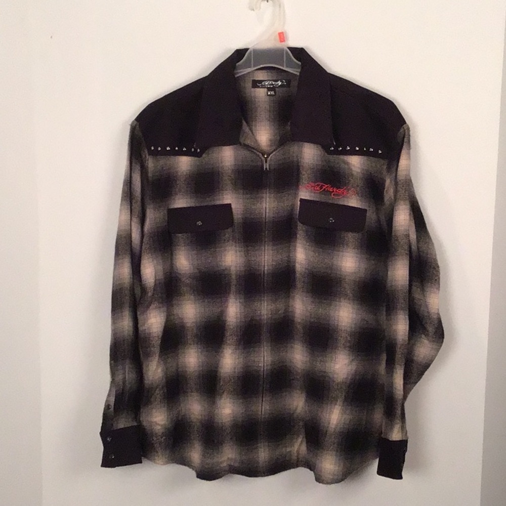 Ed Hardy by Christian Audigier plaid zip up jacket. Black, grey, cream. size XXL